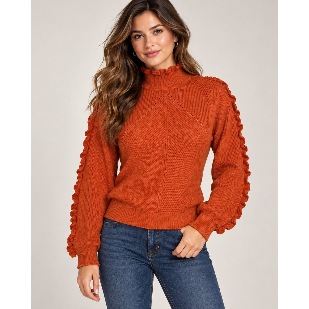 Tahari T Burnt Orange Ruffle Mock Neck Turtleneck Sweater Small Pointelle Knit
